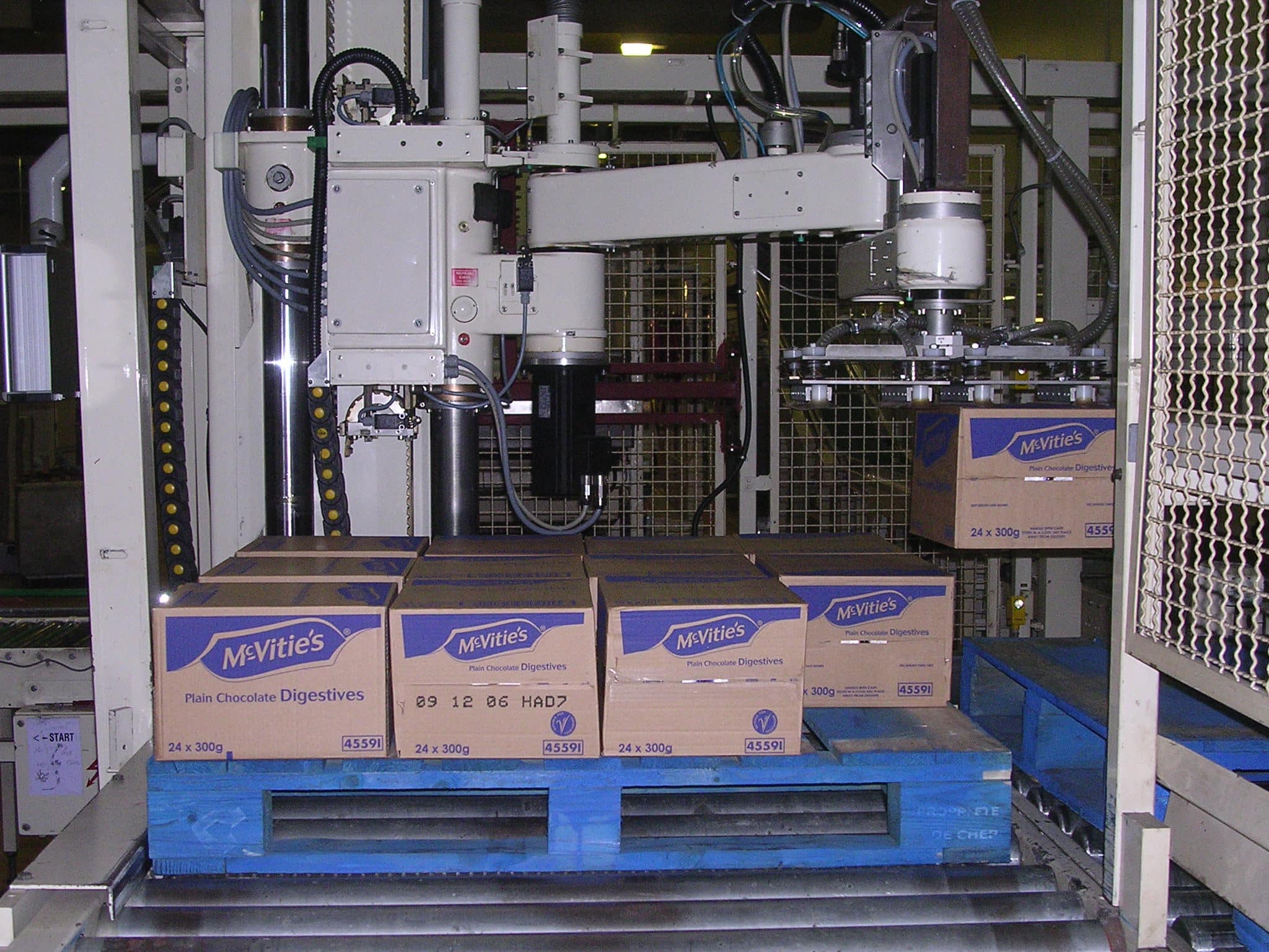 Palletiser stacking boxes of biscuits. Just one example of robotics in use.